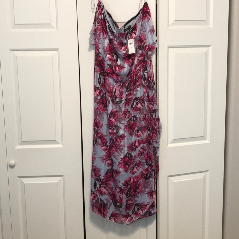 Silky full length dark pink/grey strapless dress